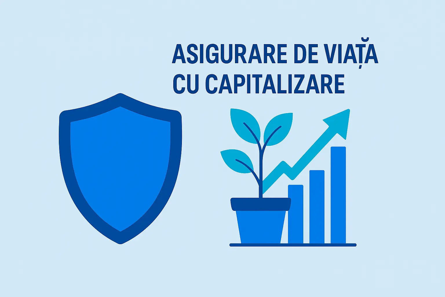 Ilustrație cu scut albastru (protecție) și grafic ascendent cu plantă (capitalizare) – asigurare de viață cu capitalizare