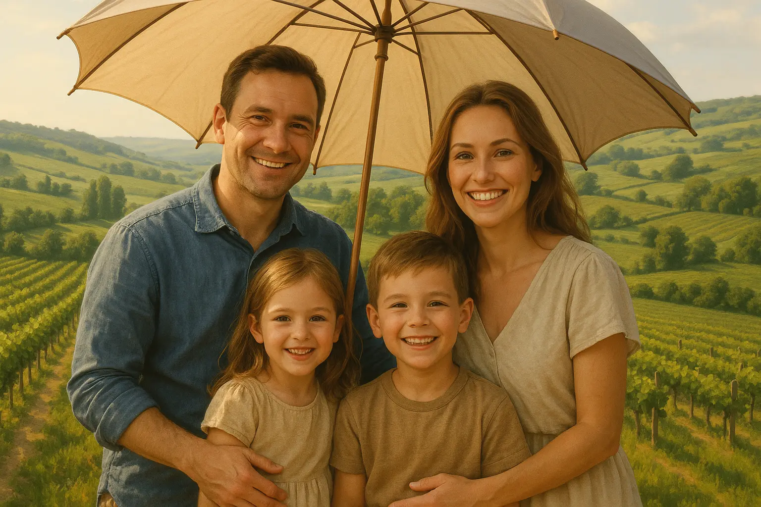 Familie protejată de o umbrelă, simbol al asigurării de viață în Moldova