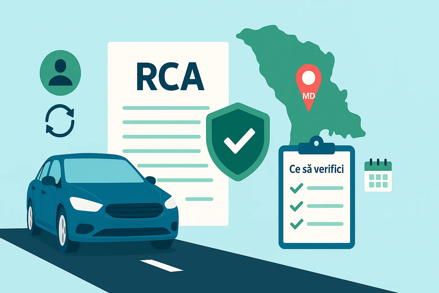 Ilustrație RCA Moldova – mașină, hartă și checklist cu „ce să verifici” la polița RCA